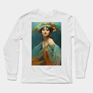 Art Nouveau Beauty in Turquoise and Orange - Vintage, Mucha, Gilded Age Long Sleeve T-Shirt